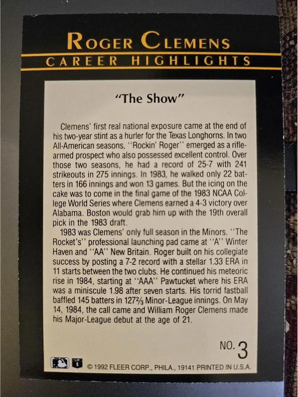 1992 Fleer Baseball Career Highlights Insert Roger Clemens #3 Boston Red Sox